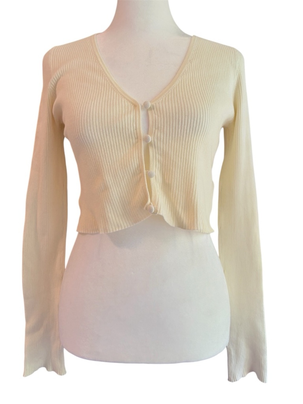 Lovers and Friends Cream Ribbed Crop Knit Cardigan Sweater Top Medium V-Neck